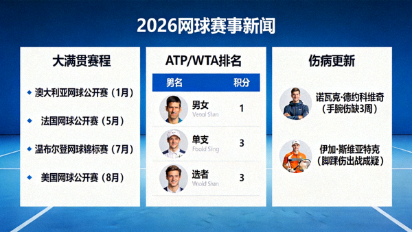 2026网球赛事新闻：大满贯、ATP/WTA排名、伤病更新